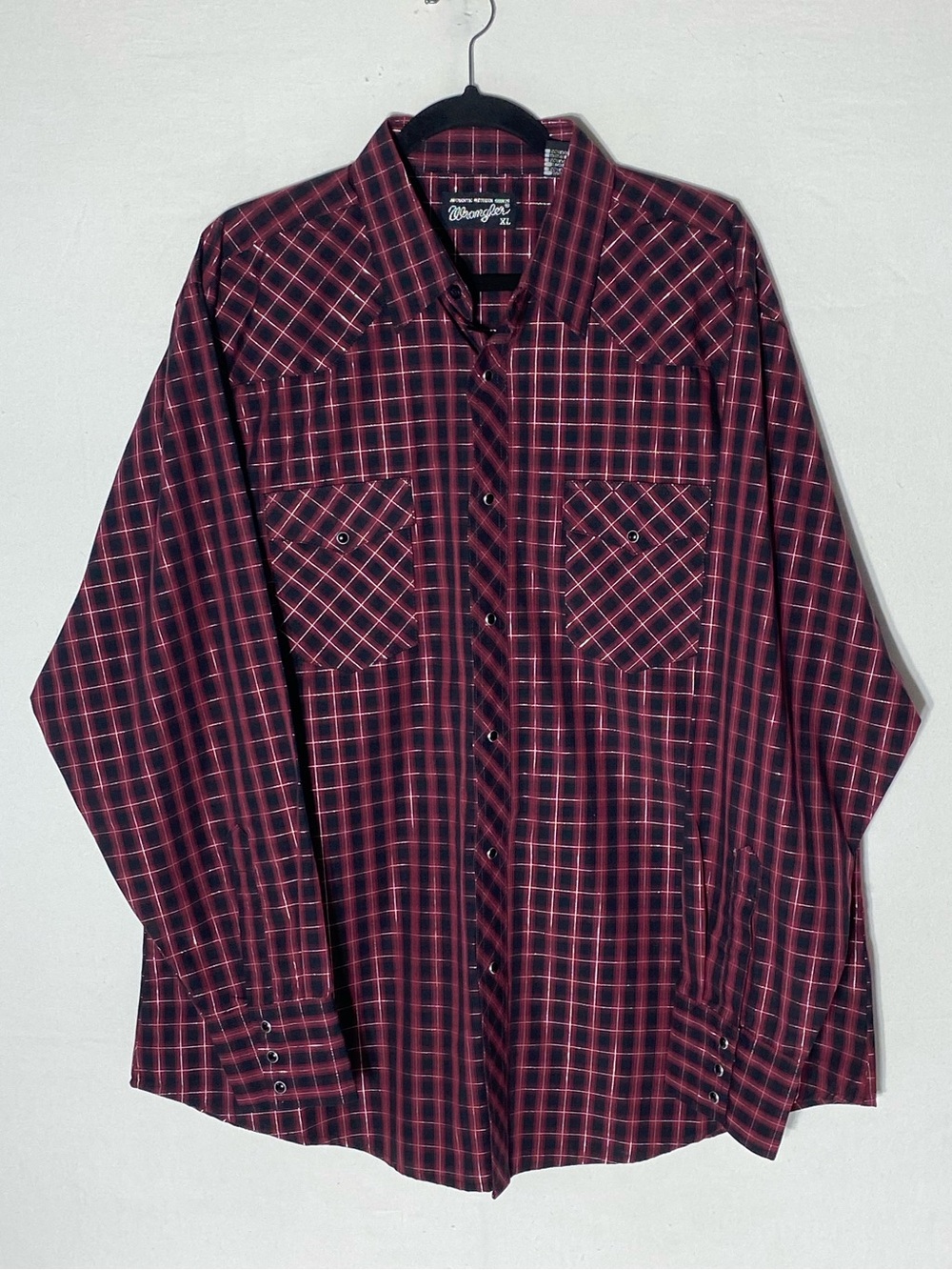 Vintage Wrangler Red Black Silver Plaid Pearl Snap Western Shirt XL Stampede
